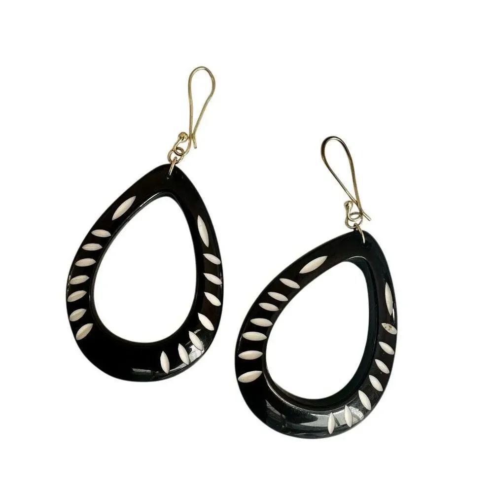 Boho Hand-Carved Horn & Bone Inlay Teardrop Earrings - Picture 6 of 6